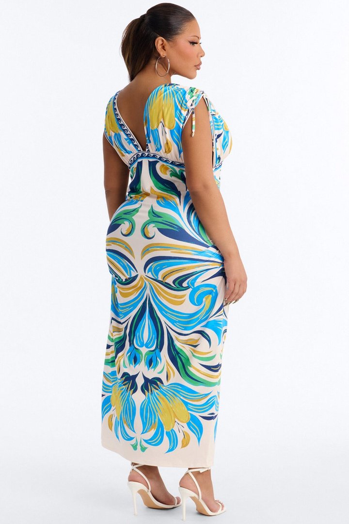 Alina Printed Ruched Midi Dress - Blue/combo