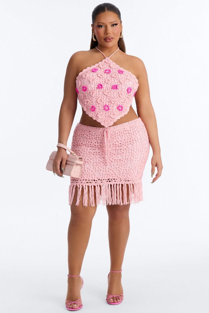 Floral Fringe Crochet Skirt Set - Pink