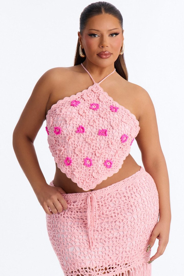 Floral Fringe Crochet Skirt Set - Pink