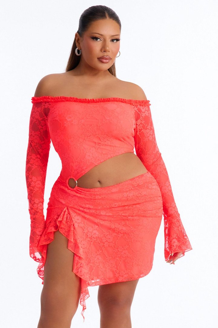 One Of One Lace Mini Dress - Neon Coral