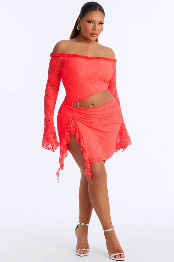 One Of One Lace Mini Dress - Neon Coral