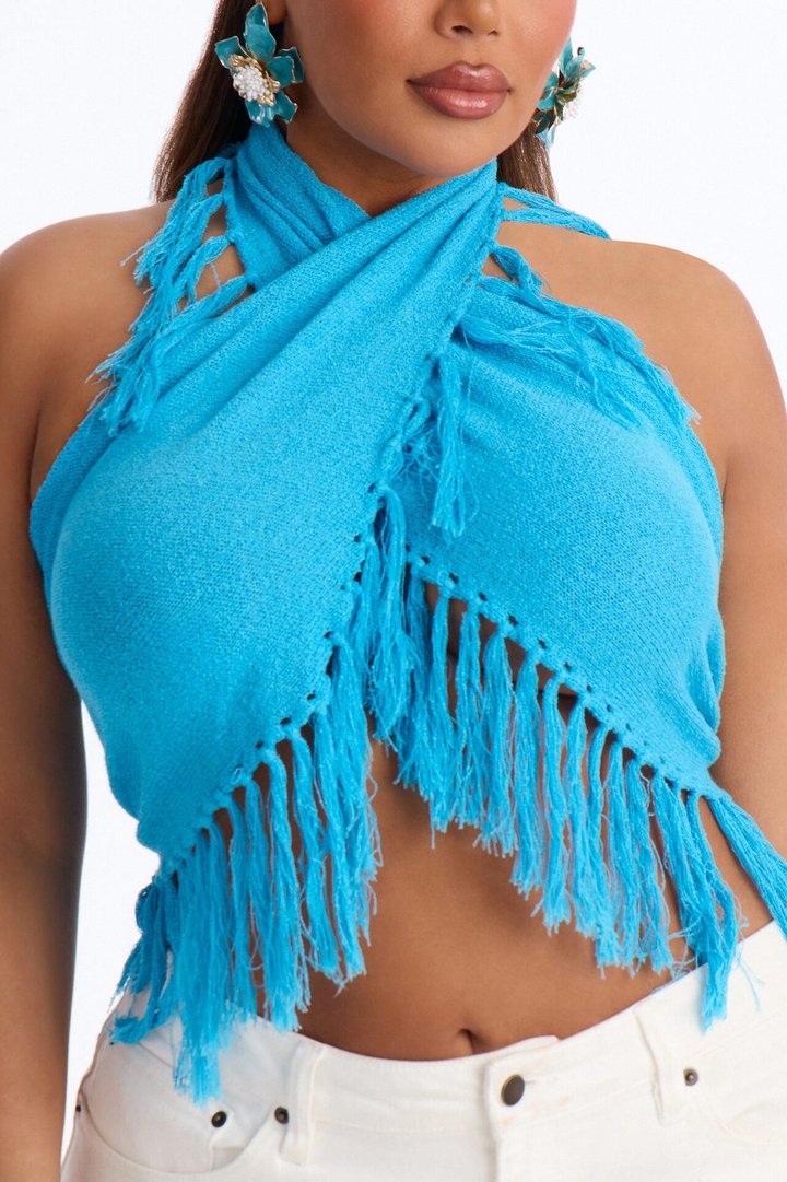 Living On Sunshine Fringe Sweater Halter Top - Blue