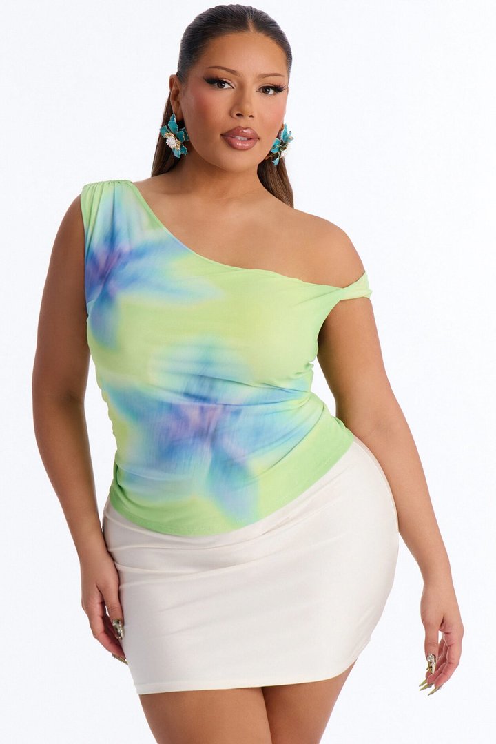 Paradise Petals Off Shoulder Short Sleeve Top - Green/combo