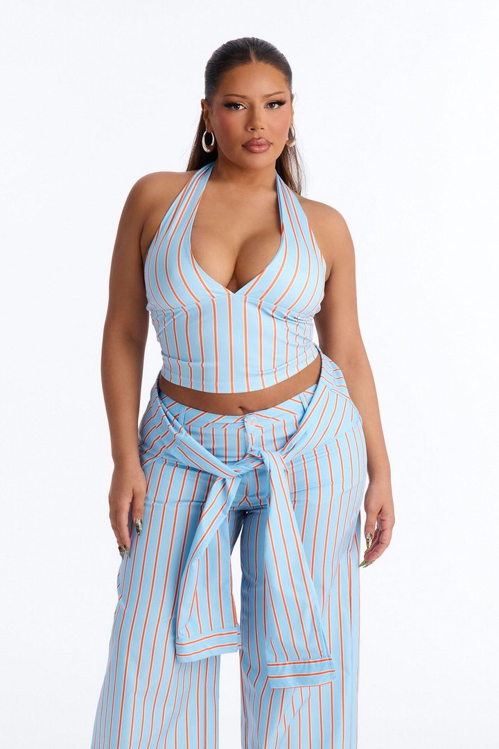 Darla Halter Stripe Tie Waist Pant Set - Blue/combo