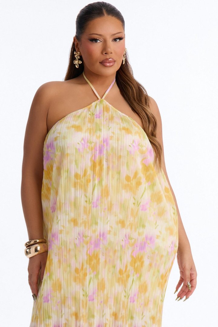 Arabella Plisse Fringe Halter Maxi Dress - Yellow/combo