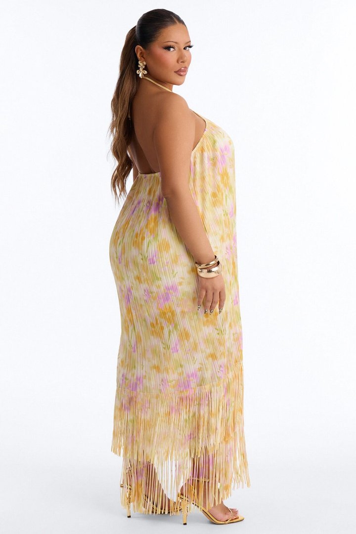 Arabella Plisse Fringe Halter Maxi Dress - Yellow/combo