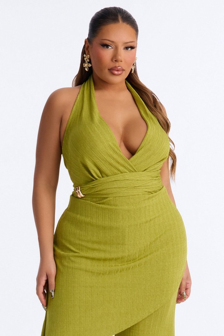 Malia Slinky Plunge Halter Pant Set - Chartreuse
