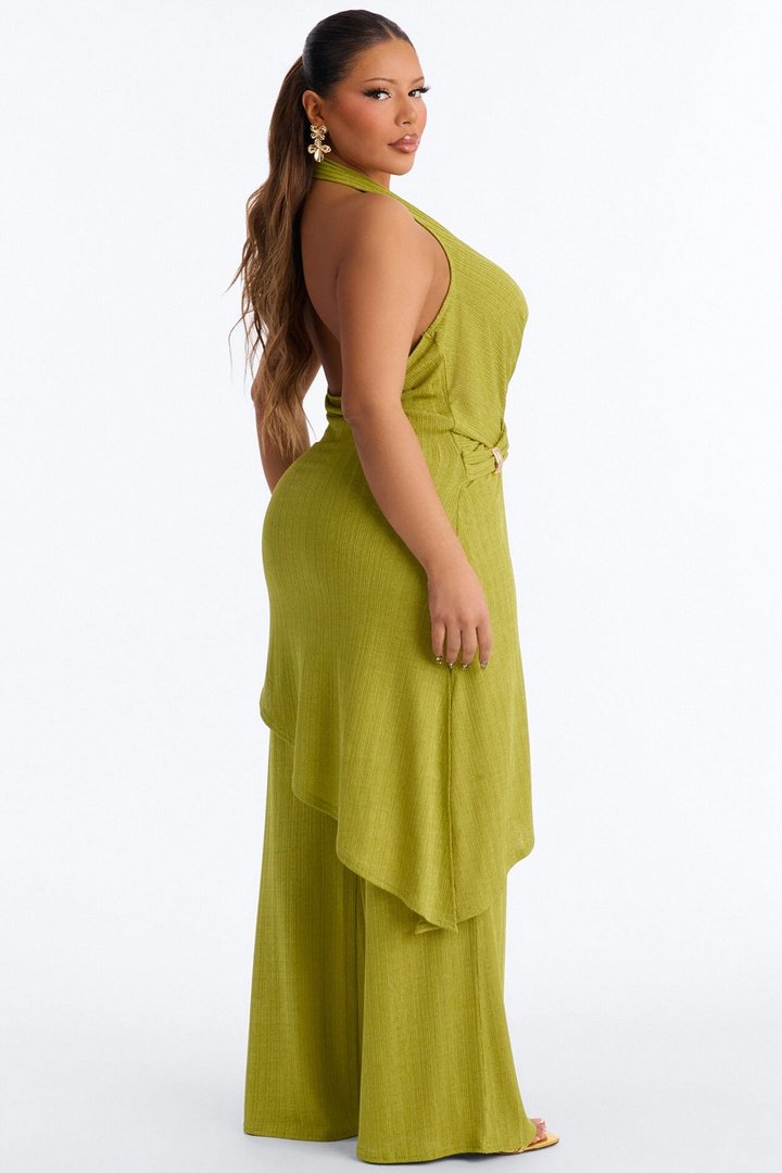 Malia Slinky Plunge Halter Pant Set - Chartreuse