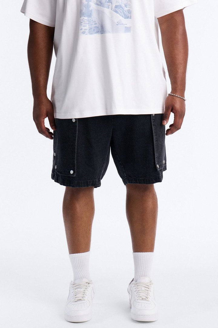 Baggy Utility Snap Panel Denim Short - Black Wash