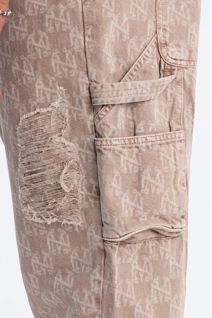 Straight Break Wide Monogram Distressed Jean - Khaki