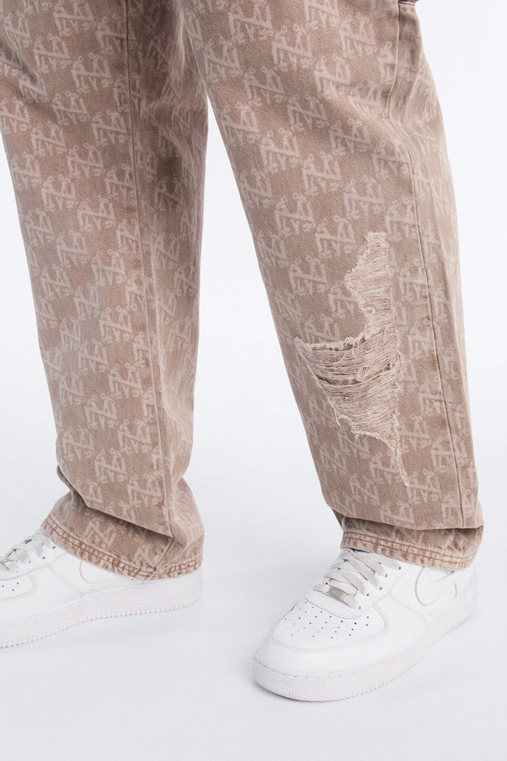 Straight Break Wide Monogram Distressed Jean - Khaki
