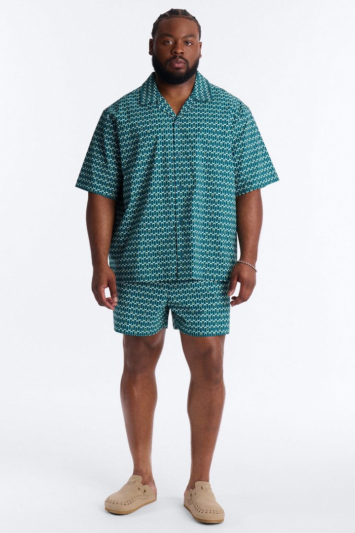 Relaxed Disco Plunge Geometric Cuban Collar Button Up Shirt - Teal/combo