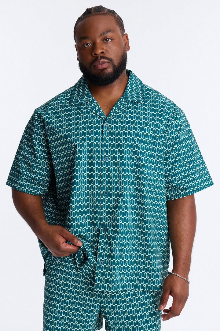 Relaxed Disco Plunge Geometric Cuban Collar Button Up Shirt - Teal/combo