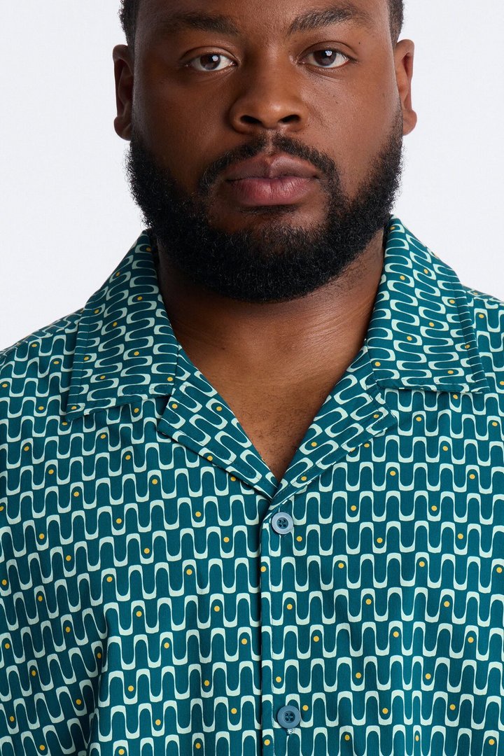 Relaxed Disco Plunge Geometric Cuban Collar Button Up Shirt - Teal/combo