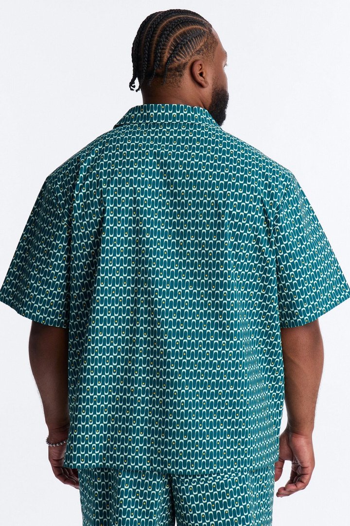 Relaxed Disco Plunge Geometric Cuban Collar Button Up Shirt - Teal/combo
