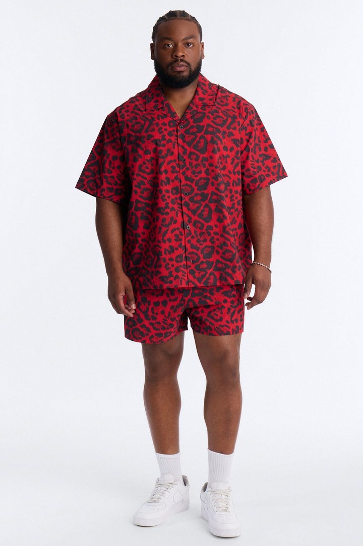 Relaxed Savage Club Leopard Print Cuban Collar Button Up Shirt - Red