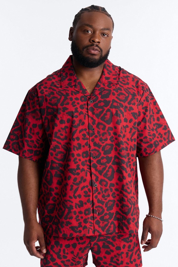Relaxed Savage Club Leopard Print Cuban Collar Button Up Shirt - Red