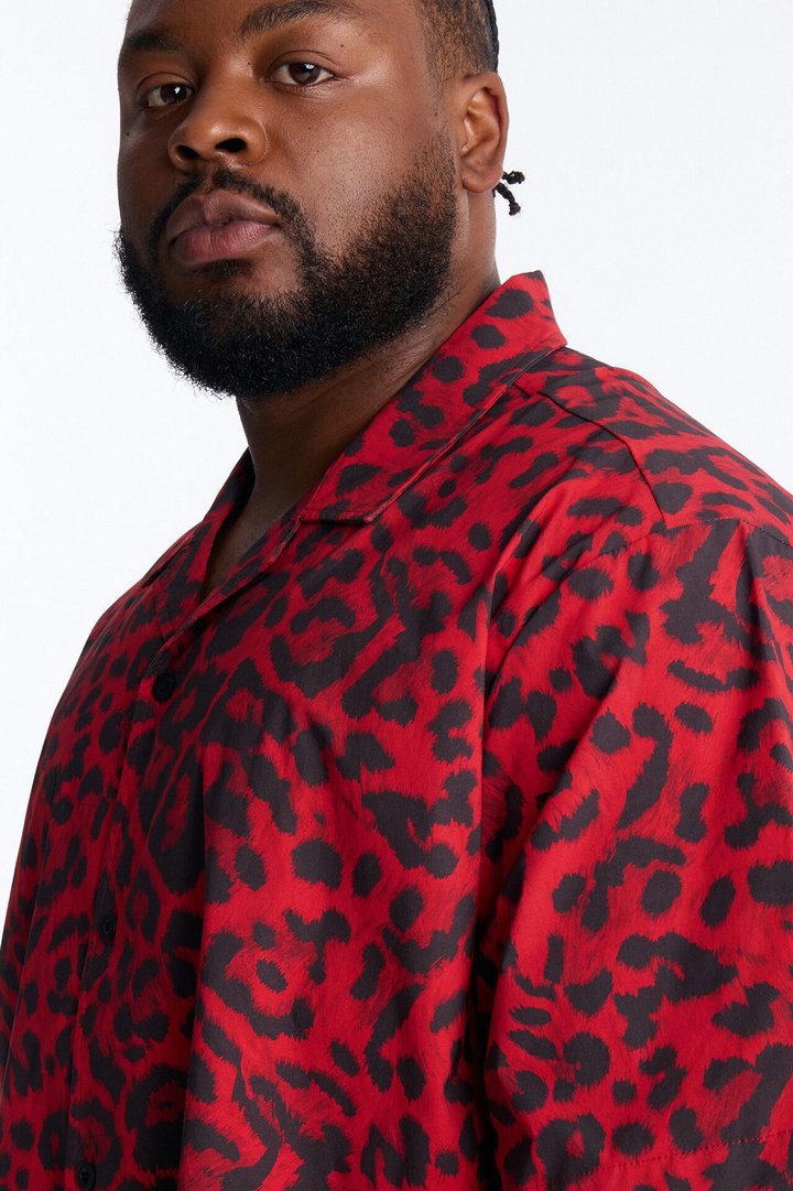 Relaxed Savage Club Leopard Print Cuban Collar Button Up Shirt - Red