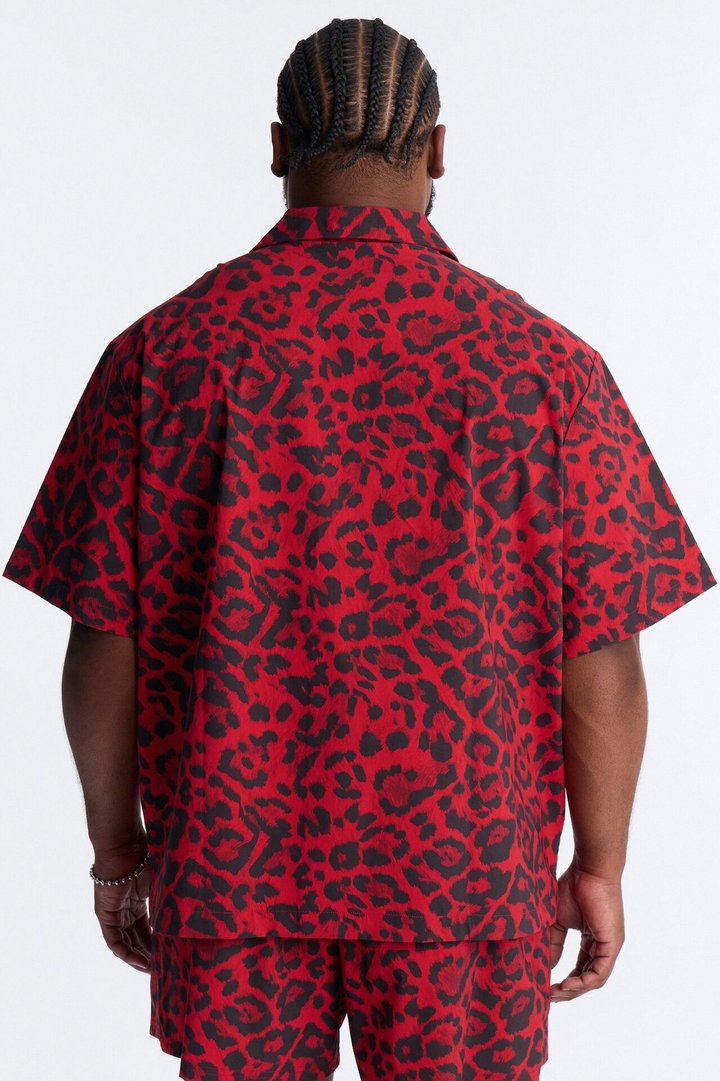 Relaxed Savage Club Leopard Print Cuban Collar Button Up Shirt - Red