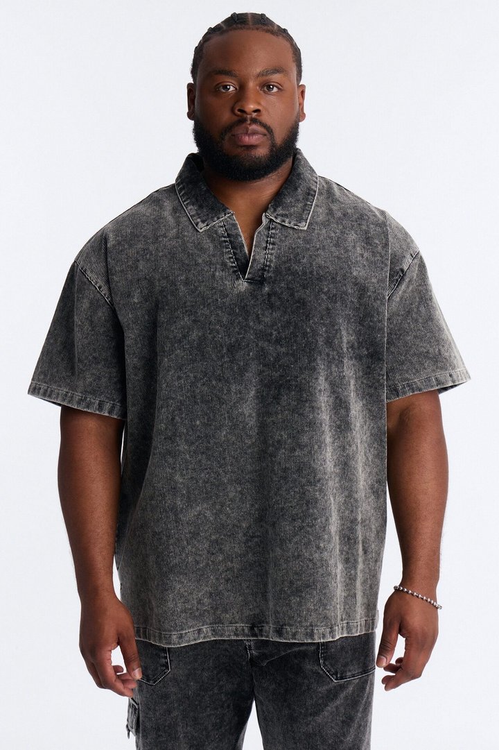 Ohio Corduroy Johnny Collar Polo - Black Wash