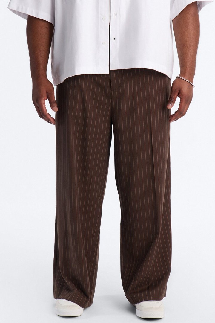 Wide Leg Straight Striped Trouser - Brown
