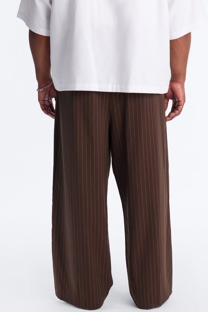 Wide Leg Straight Striped Trouser - Brown