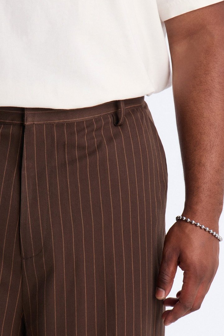 Wide Leg Straight Striped Trouser - Brown