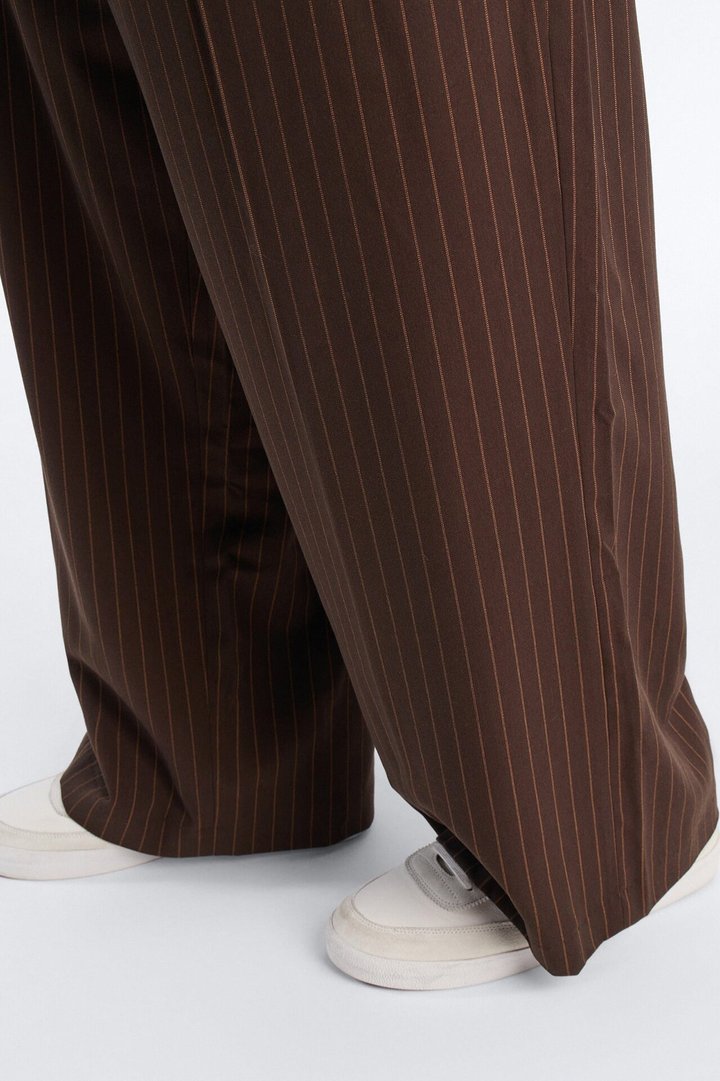 Wide Leg Straight Striped Trouser - Brown