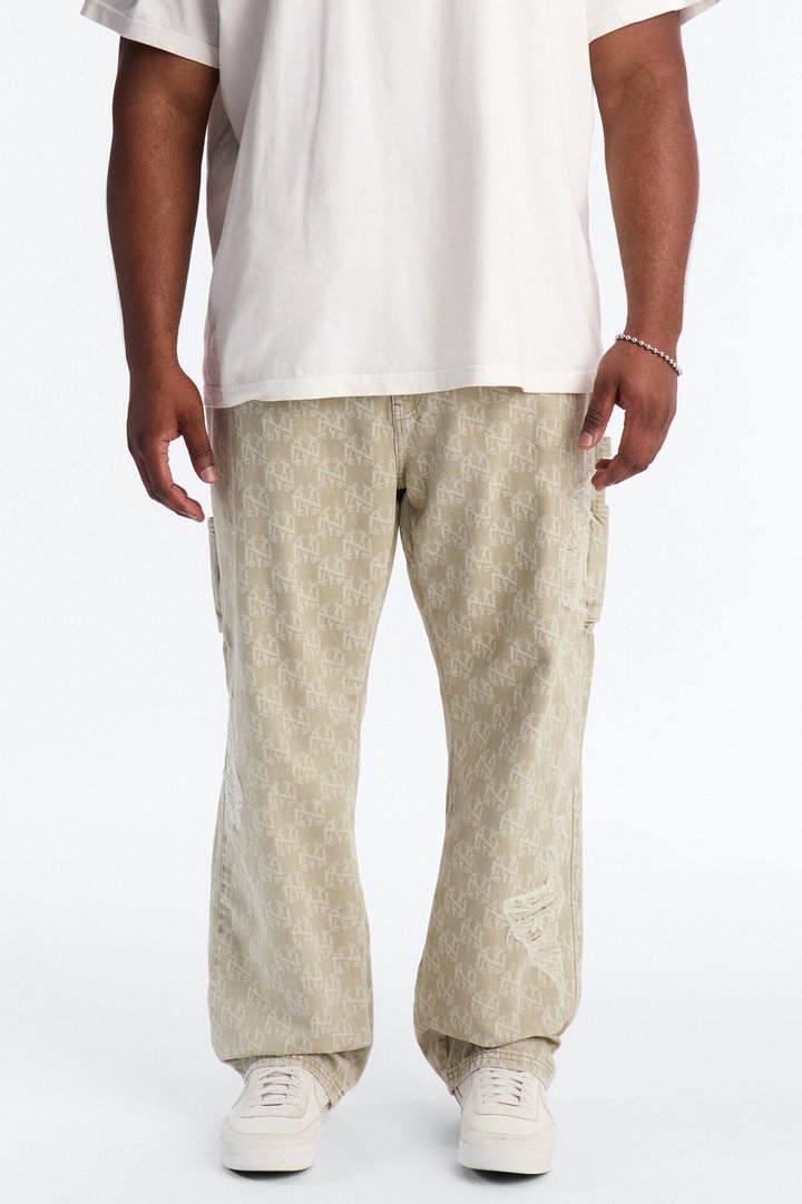 Straight Break Wide Monogram Distressed Jean - Sage