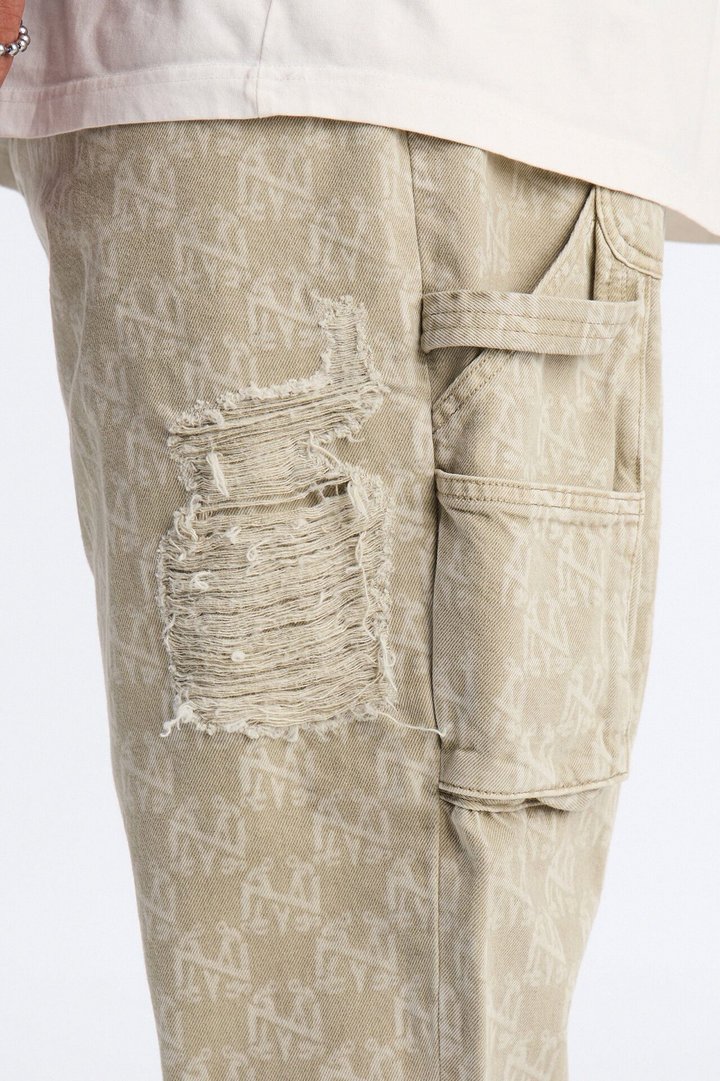 Straight Break Wide Monogram Distressed Jean - Sage