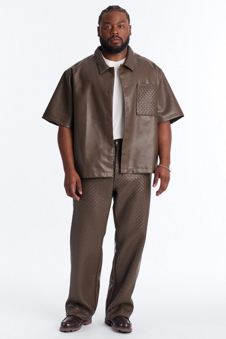 Dont Cross Me Weaved Faux Leather Cropped Shirt - Brown