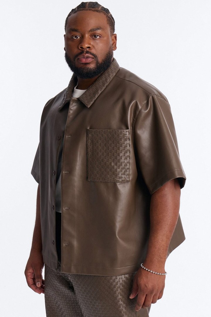 Dont Cross Me Weaved Faux Leather Cropped Shirt - Brown