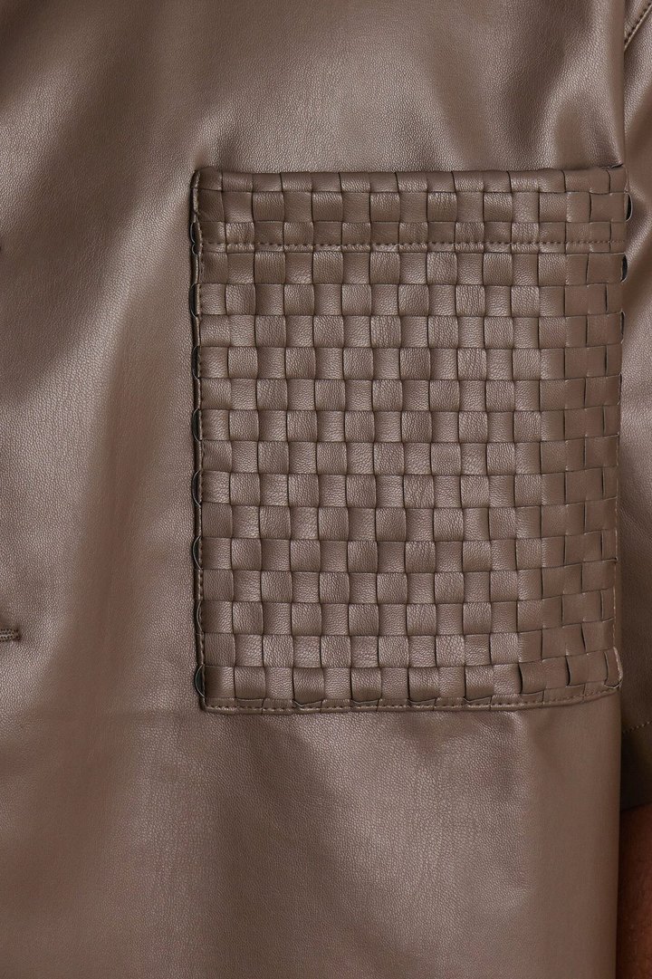 Dont Cross Me Weaved Faux Leather Cropped Shirt - Brown
