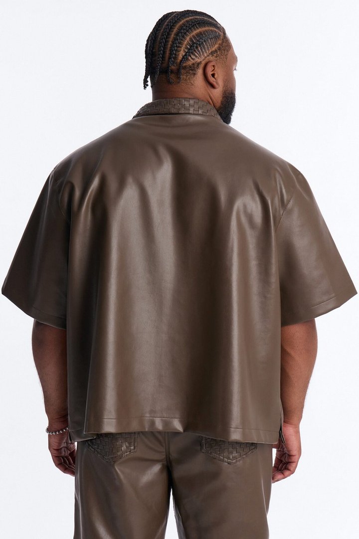 Dont Cross Me Weaved Faux Leather Cropped Shirt - Brown