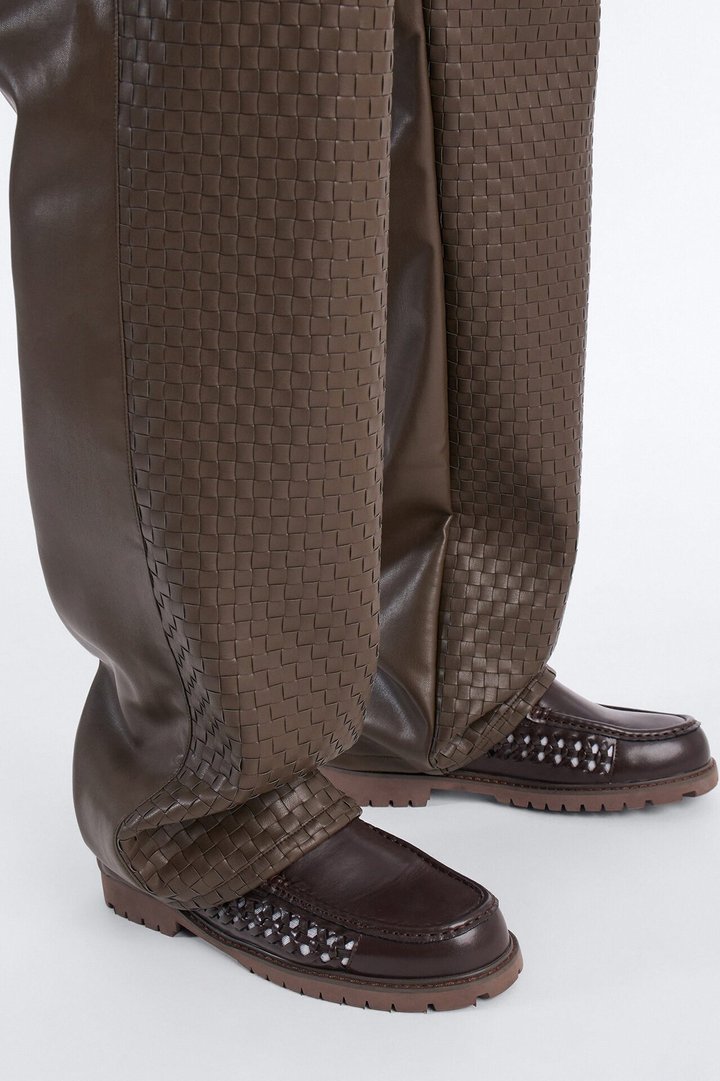 Don't Cross Me Weaved Faux Leather Straight Pant - Brown
