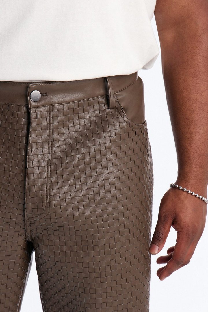 Don't Cross Me Weaved Faux Leather Straight Pant - Brown