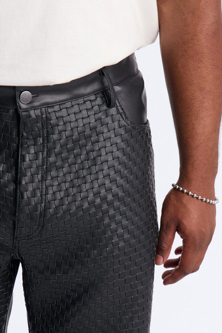 Don't Cross Me Weaved Faux Leather Straight Pant - Black