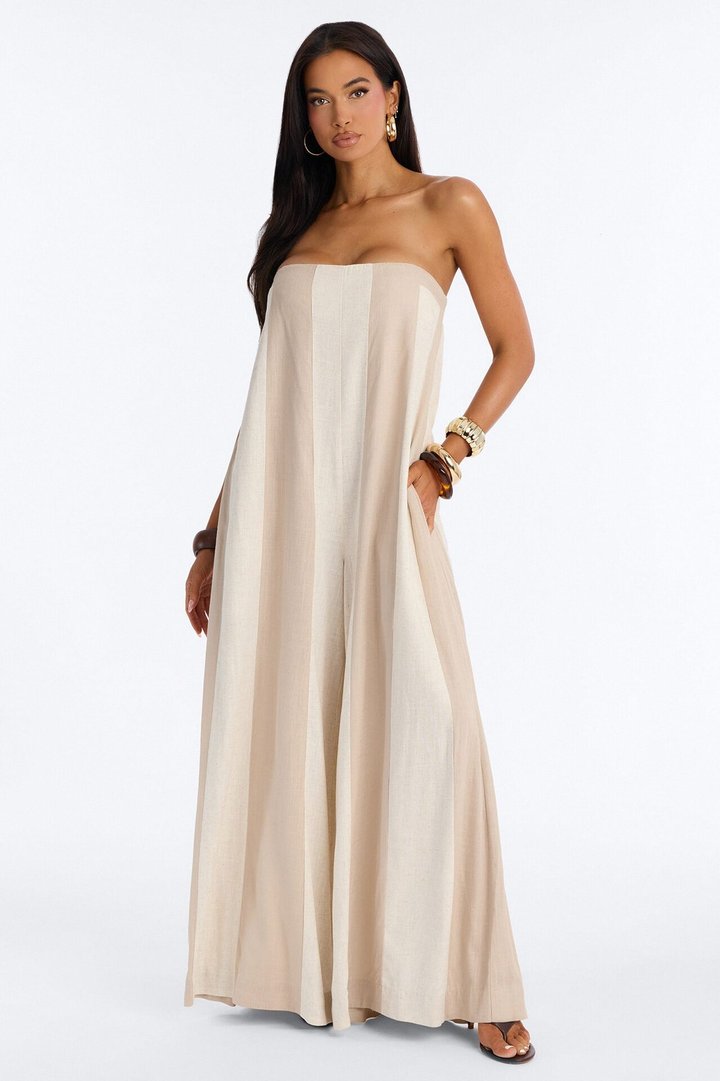 Michelle Striped Strapless Linen Jumpsuit - Taupe