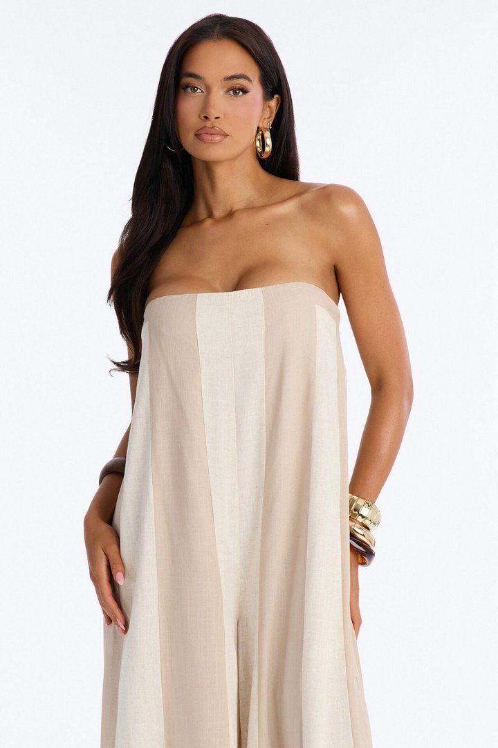 Michelle Striped Strapless Linen Jumpsuit - Taupe