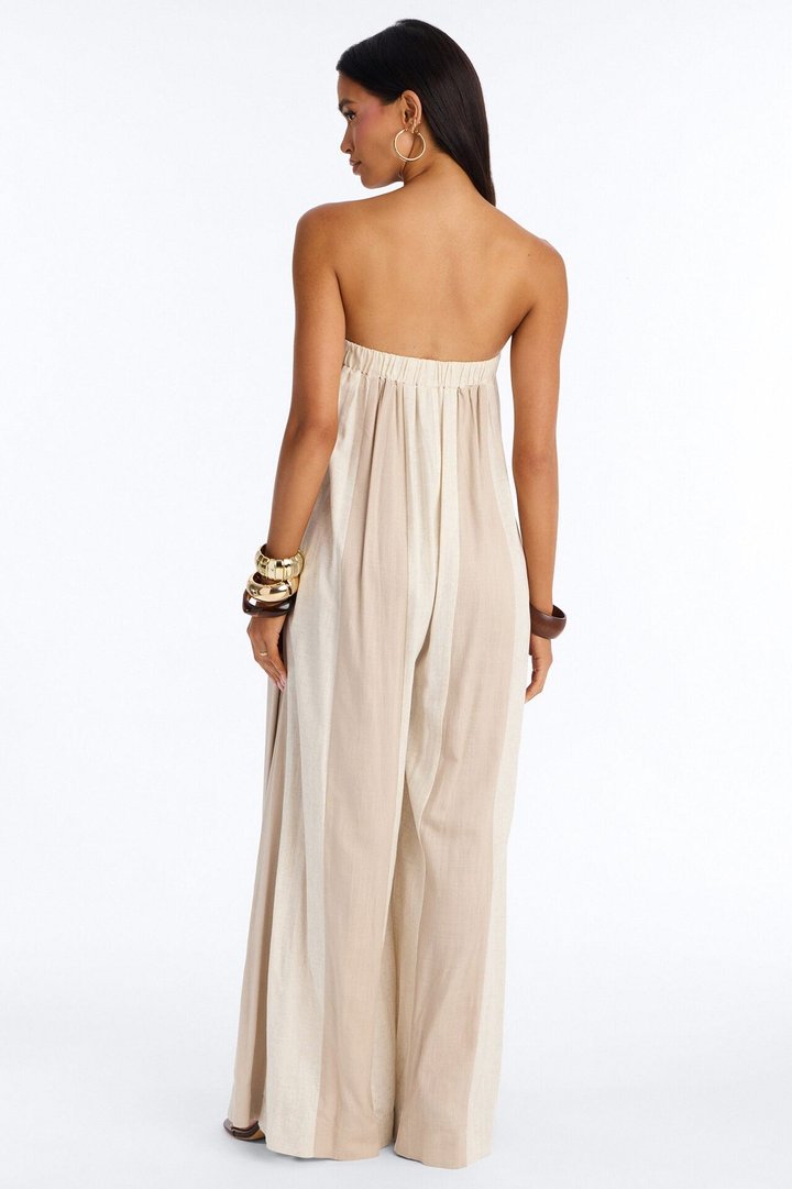 Michelle Striped Strapless Linen Jumpsuit - Taupe
