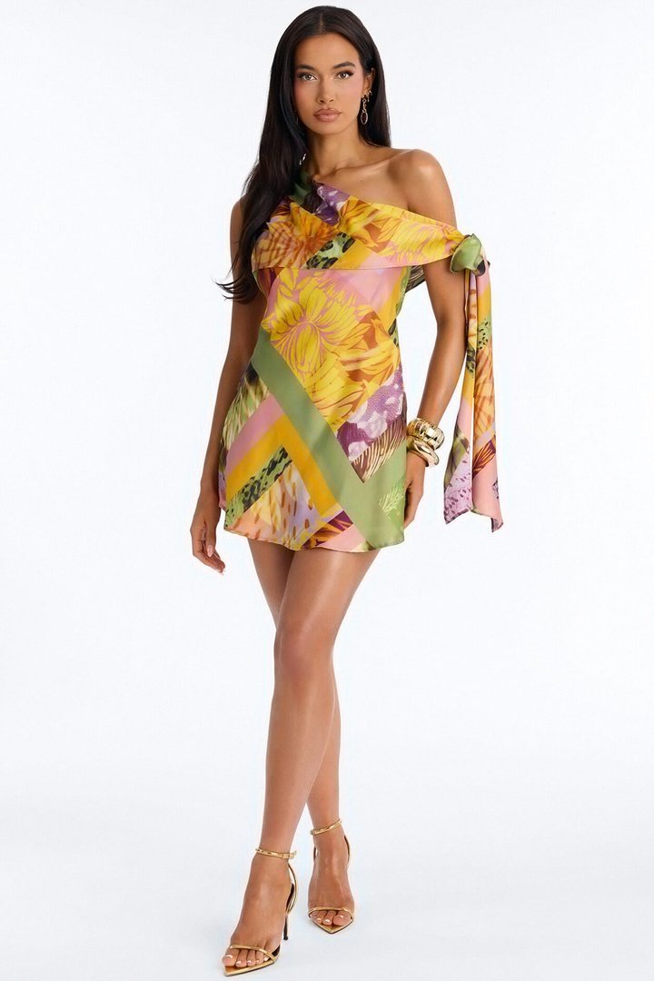 Daydreams Tropical Satin Mini Dress - Yellow/combo