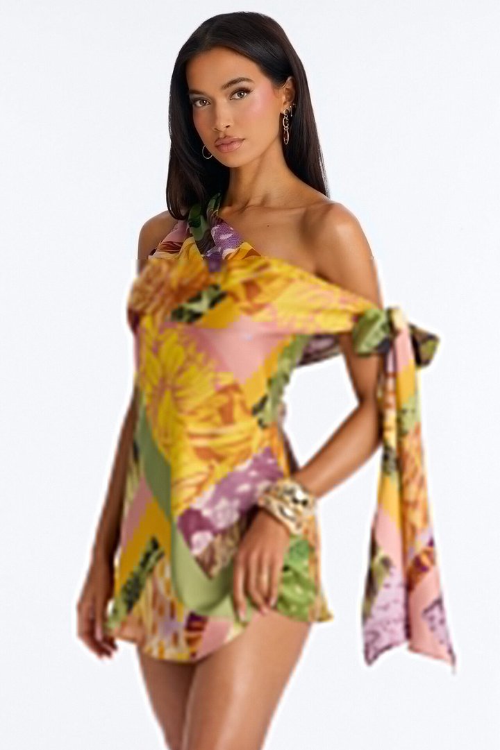 Daydreams Tropical Satin Mini Dress - Yellow/combo