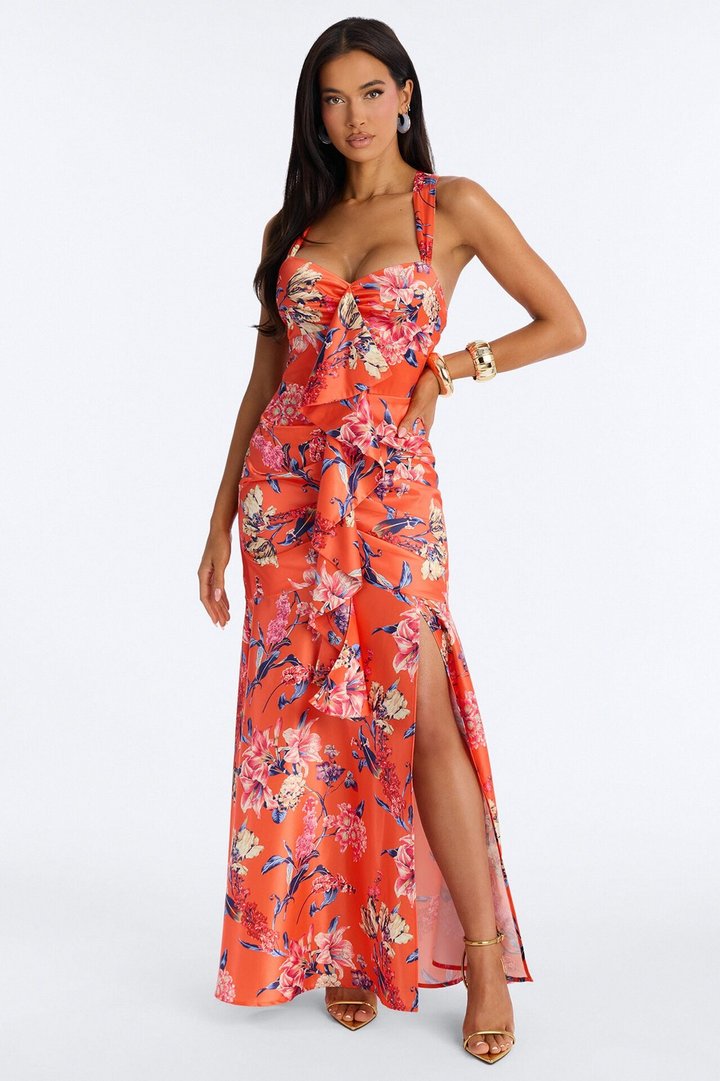 Raylee Lace Up Ruffle Satin Gown - Orange/combo