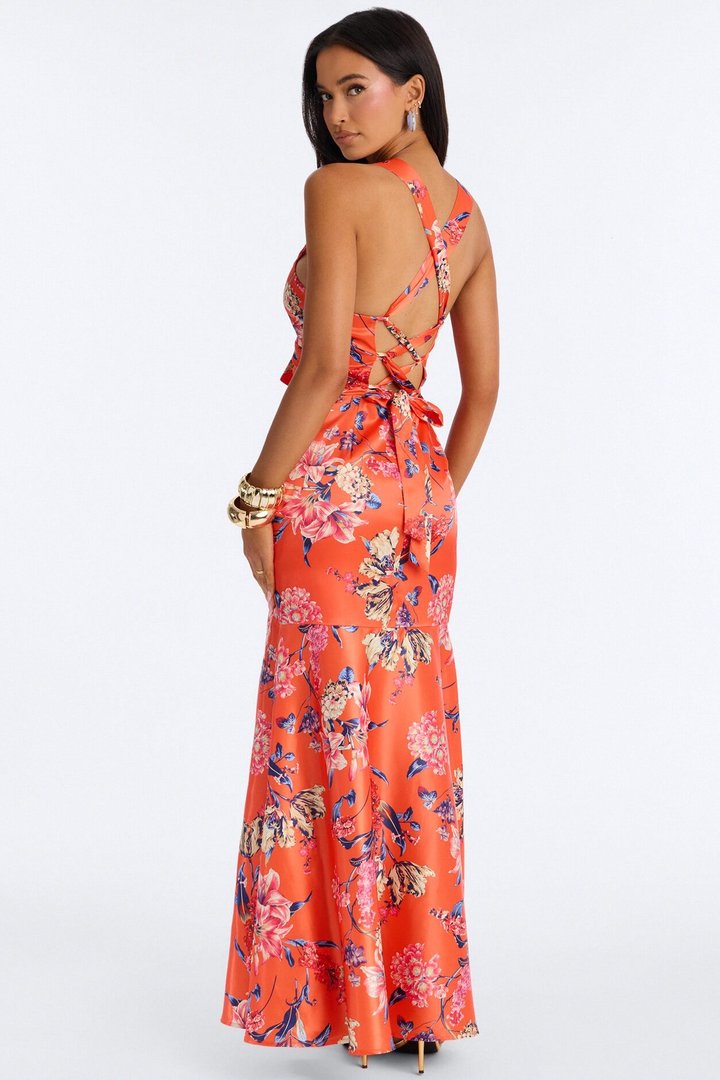 Raylee Lace Up Ruffle Satin Gown - Orange/combo