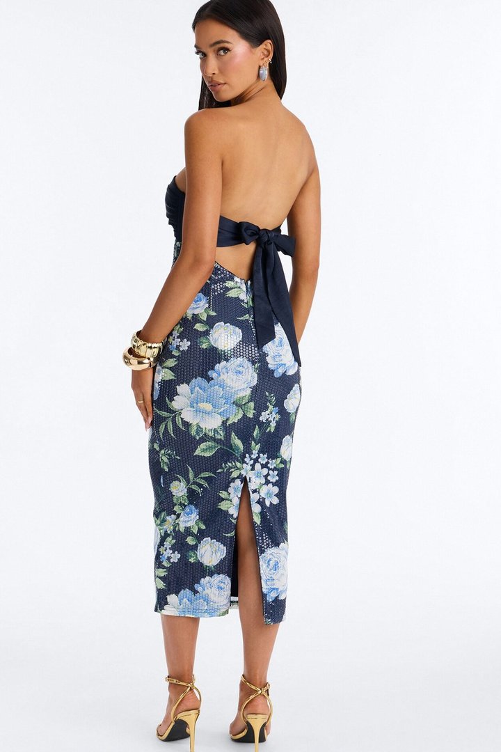 Zaria Floral Sequin Midi Dresses - Navy