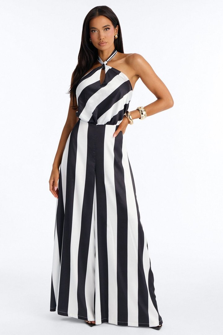 Vienna Striped Halter Wide Leg Jumpsuit - Black/White