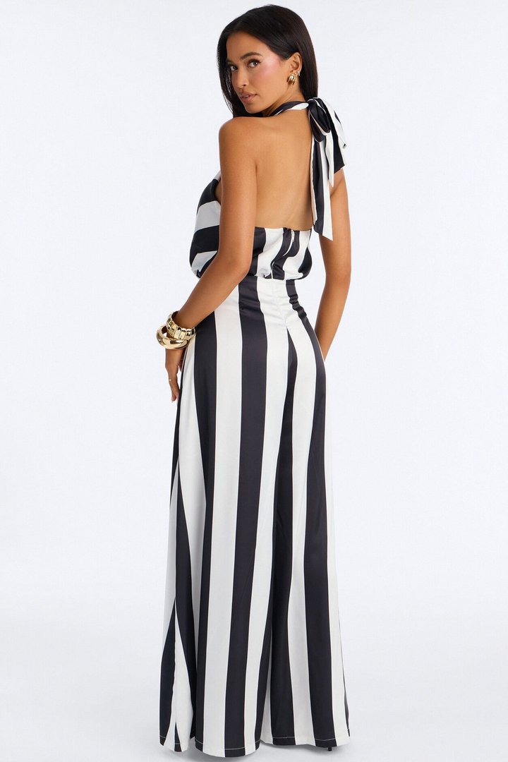 Vienna Striped Halter Wide Leg Jumpsuit - Black/White