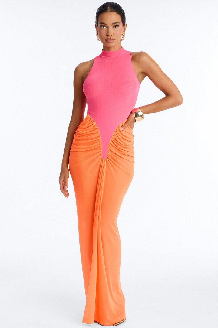 Elara Colorblock Mesh Maxi Dress - Pink/combo