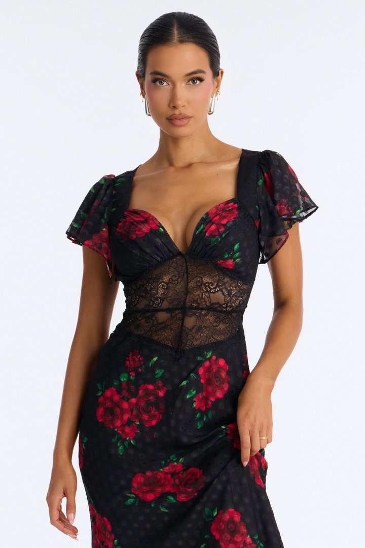 Isabella Floral Polka Dot Chiffon Midi Dress - Black/Red