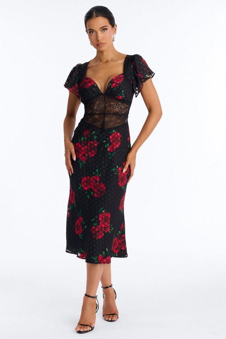 Isabella Floral Polka Dot Chiffon Midi Dress - Black/Red